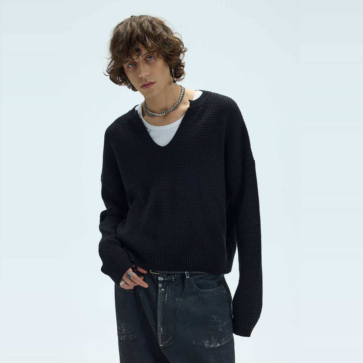 短宽华夫格蕾丝标包芯纱针织毛衣