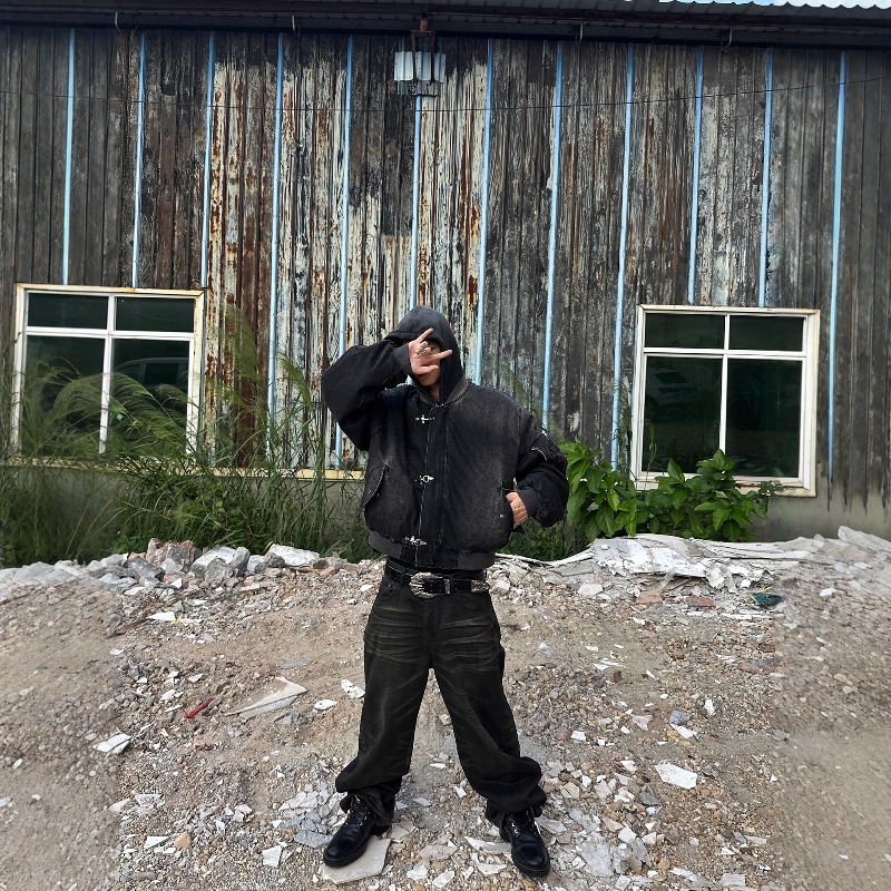 重机油擦脏立体压皱Baggy阔腿裤