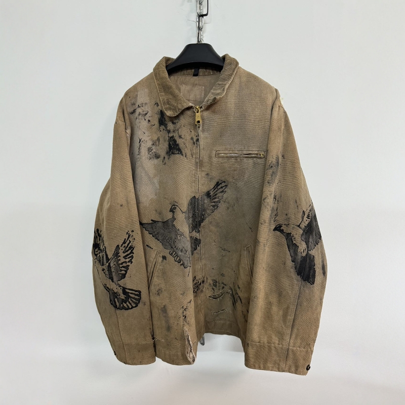 水洗做旧鸽子印花底特津夹克外套