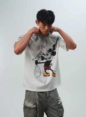 WithoutMe/SUNINWAVE卡通水洗脏脏vintage小领口数码直喷印花短袖