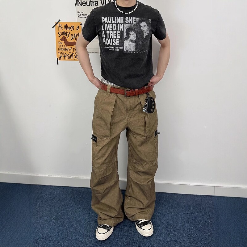 Xentric 巴恩风水洗做旧拉链复古baggy直筒宽松阔腿A字珠帆布长裤