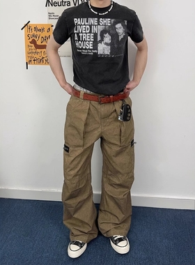 Xentric 巴恩风水洗做旧拉链复古baggy直筒宽松阔腿A字珠帆布长裤