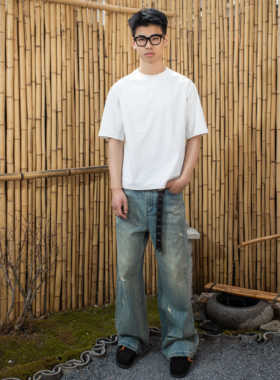 Without Me/Amalga mation 复古水洗做旧猫须破坏宽松直筒牛仔裤