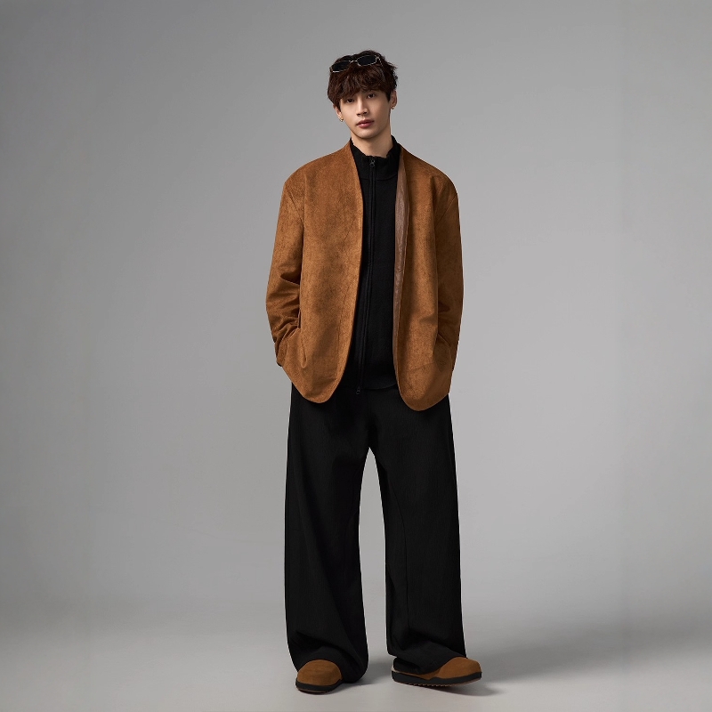 WithoutMe/INSOMNIA秋冬老钱风高级感麂皮绒宽松复古无扣无领西装