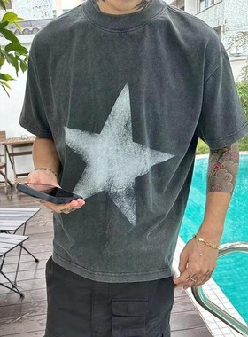 Without Me/SUNINBOX 印花做旧水洗灰色短宽版小高领短袖T恤男tee