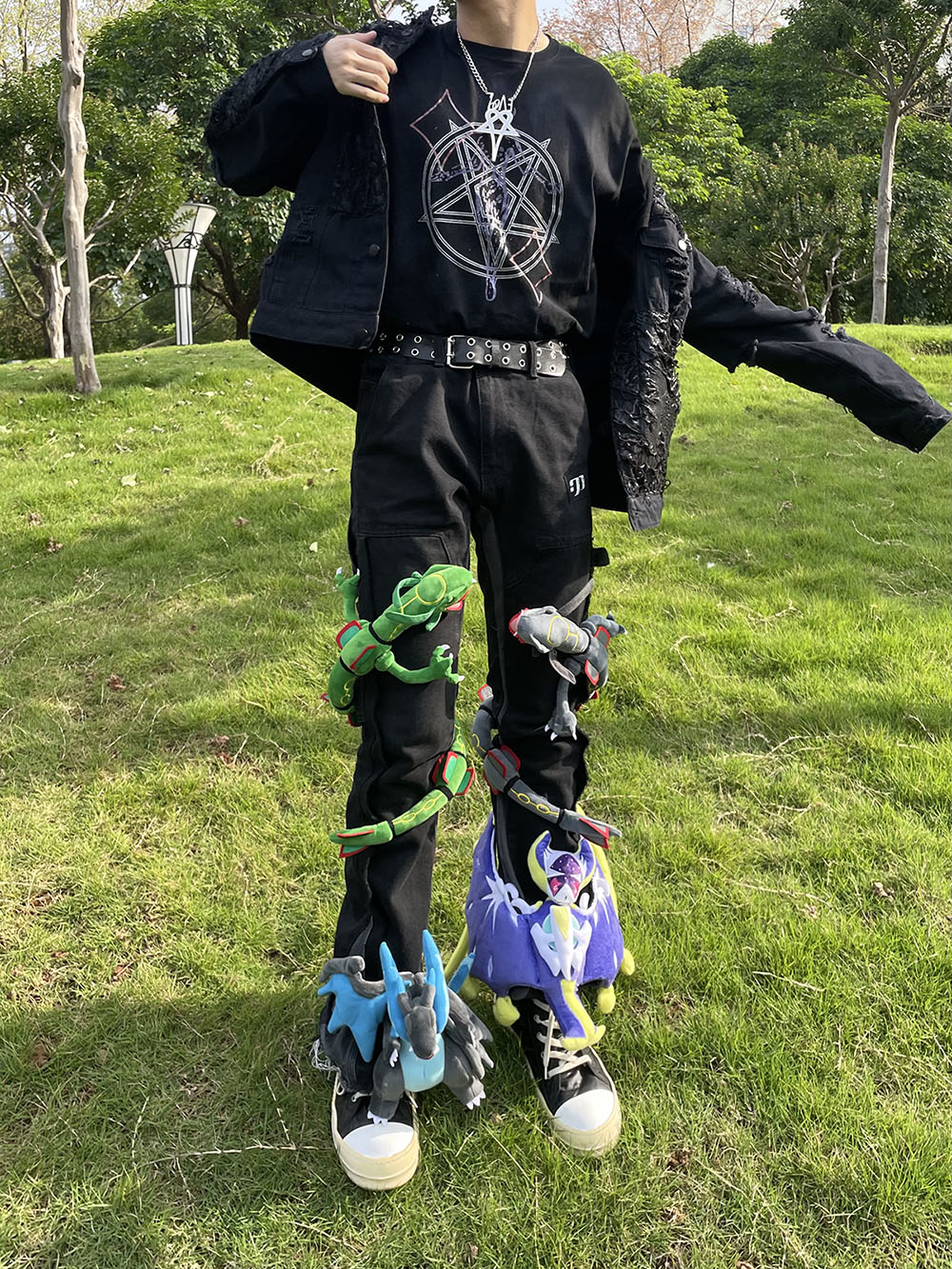 玩偶拼接喇叭牛仔裤手工定制