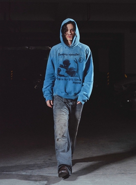 Without Me/RICHILL 25AW 雾蓝色俄文吸血鬼水洗做旧破坏连帽卫衣