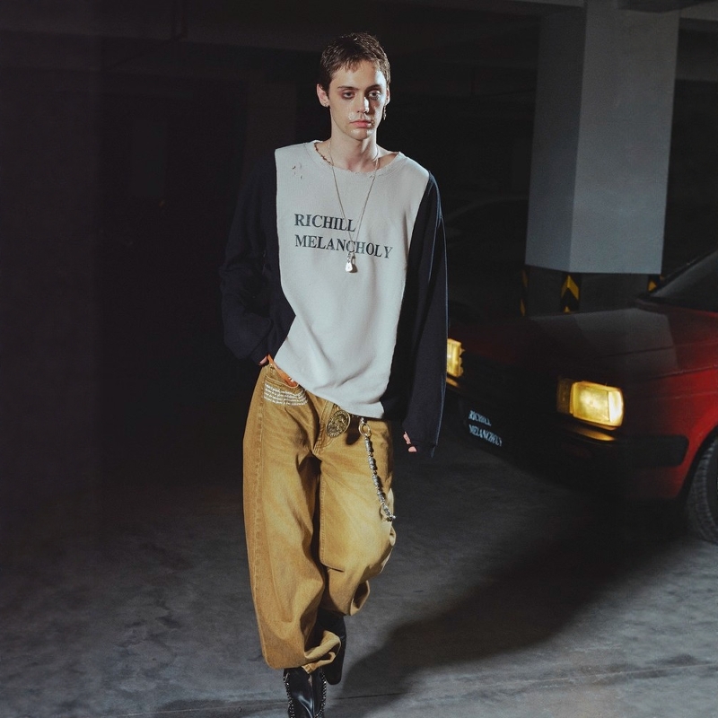 黑白撞色破坏华夫格长袖T恤