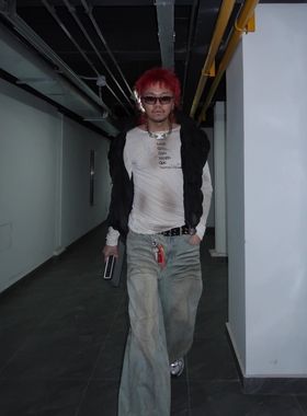 Without Me/HAZAMA限定联名藏头标语做旧打底长袖T恤内搭男女同款