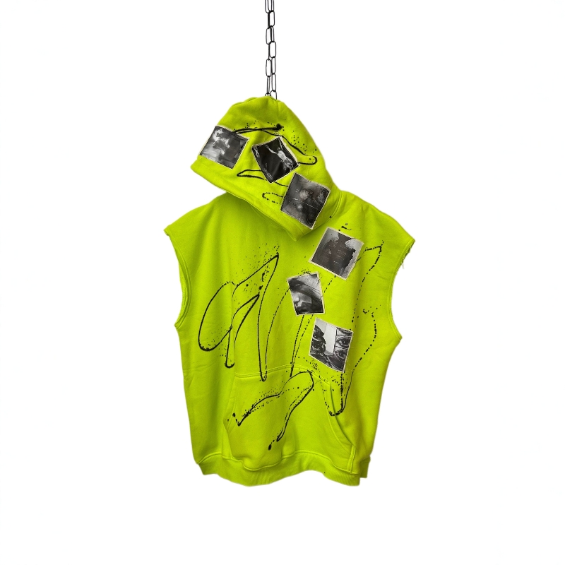 WithoutMe/sharkcolor手工泼墨撞色贴布设计美式坎肩连帽加绒卫衣