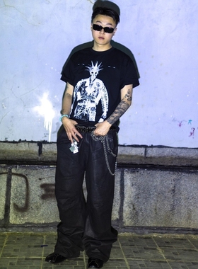 Without Me/JADEGANG[JDG] PUNK生活黑色短款白墨印花短袖T恤