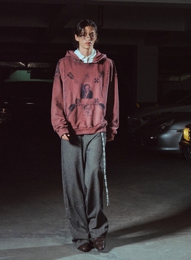 Without Me/RICHILL MELANCHOLY  铆钉肩章酒红军国印花连帽卫衣