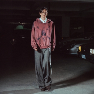 Without Me/RICHILL MELANCHOLY 铆钉肩章酒红军国印花连帽卫衣