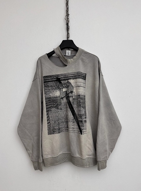 Without Me/SMILEANDSAD手工艺术印花不规则破领水洗褪色毛圈卫衣
