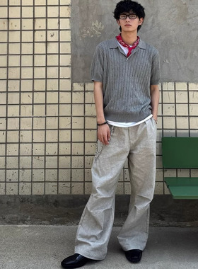 Without Me/Xentric 大理石暗纹打褶宽松直筒微阔腿休闲工装长裤