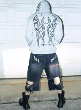 Without Me/JADGEANG图腾荆棘灰色直喷印花短款连帽卫衣秋冬厚款
