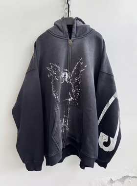 Without Me/Hell System24水洗喷染做旧廓形加绒重磅宽松拉链帽衫