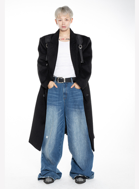 Without Me/FEAR4FREE无性别做旧磨边自然蓝色阔型牛仔长裤子男女