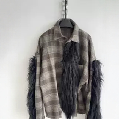 解构拼接毛绒宽松廓形长袖衬衫