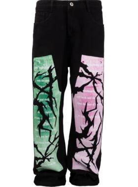 Without Me/SUC美式双拼色荆棘镂空印花黑色休闲裤宽松直筒长裤男