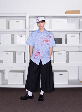 Without Me/FEAR4FREE蓝色条纹衬衫夏日宽松趣味漫画人物休闲短袖