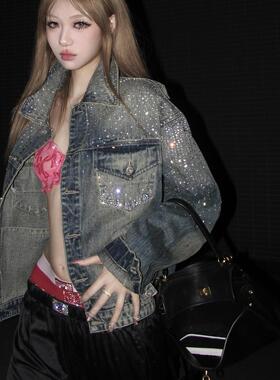 Without Me/江映蓉同款ZOZOKILLA短宽boxy满天星水钻牛仔夹克外套