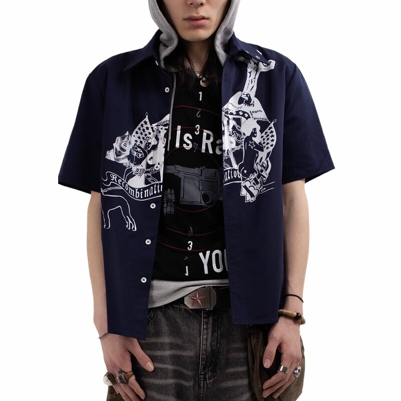 设计感正肩开衫短袖衬衫