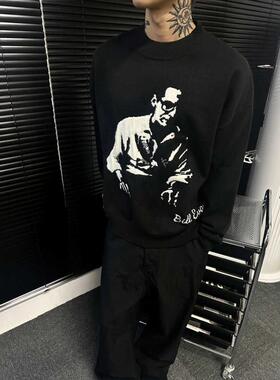 Without Me/SUNINWAVE软糯亲肤立体人像提花短宽羊毛混纺圆领毛衣