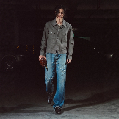 古币印花反袋弯刀袖帆布夹克外套