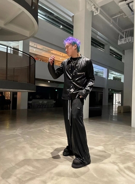 Without Me/Disark 23FW新品 暗黑先锋亮蜡褶皱阔腿裤