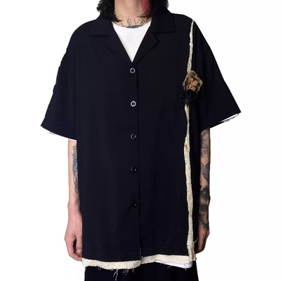 花朵裂缝拼接流苏做旧短袖衬衫