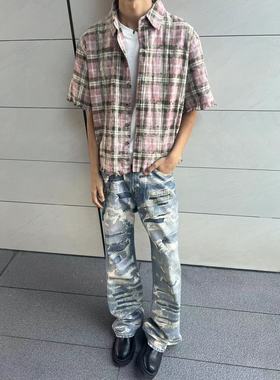 Without Me/REBELTOREBEL 洗褪做旧毛边破坏抽须全棉格纹短袖衬衫