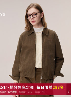 Hazzys哈吉斯秋季女装短款哈灵顿夹克女士时尚长袖灯芯绒外套上衣