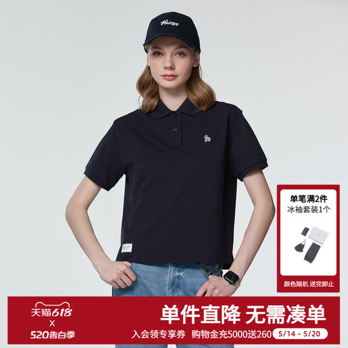 Hazzys哈吉斯夏季短袖polo衫女士宽松T恤时尚休闲通勤体恤女上衣