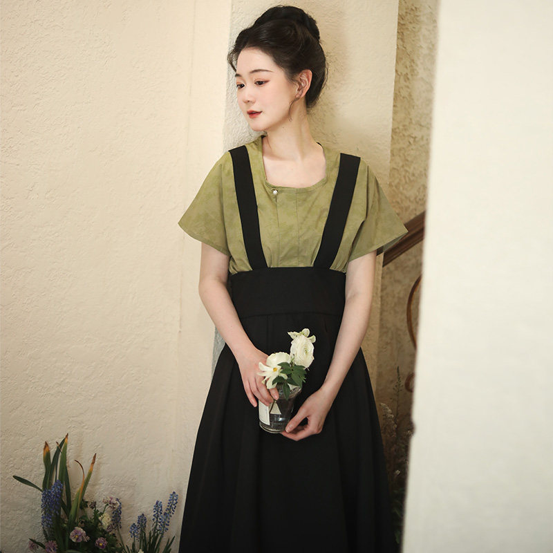 提花垂领衫唐制背子2025夏新汉元素女文艺复古背带裙半裙气质套装