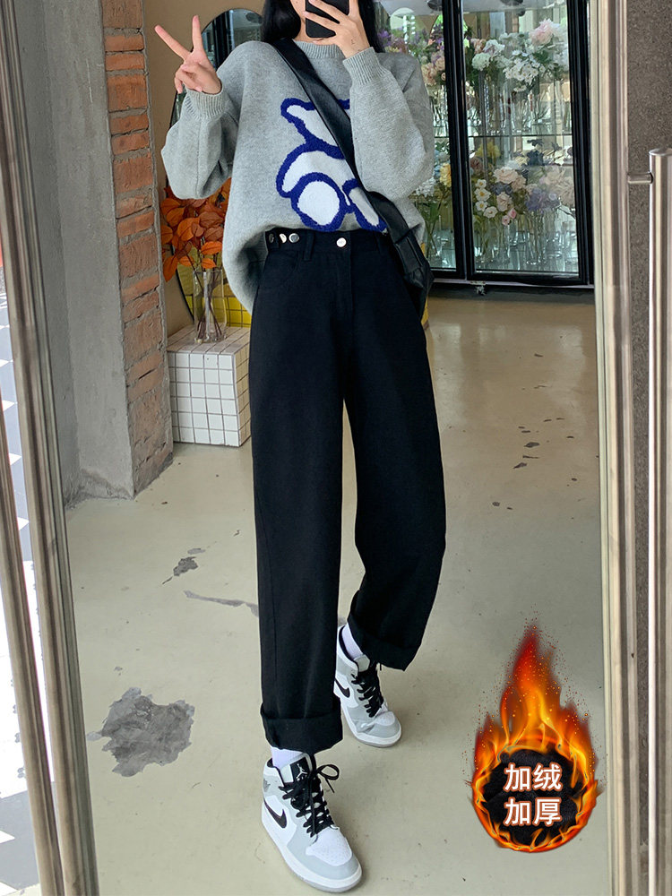 FLEECE PADDED JEANS WOMENS AUTUMN WINTER 2021 NEW STRAIGHT HIGH WAIST LOOSE SLIM PLUS SIZE WINTER WARM PANTS