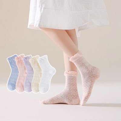原风潮女士吸汗100%棉花边中筒袜