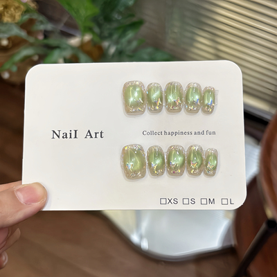 纯手工【精灵】短款绿色玻璃珠猫眼蝴蝶亮片透显白清新可爱穿戴甲