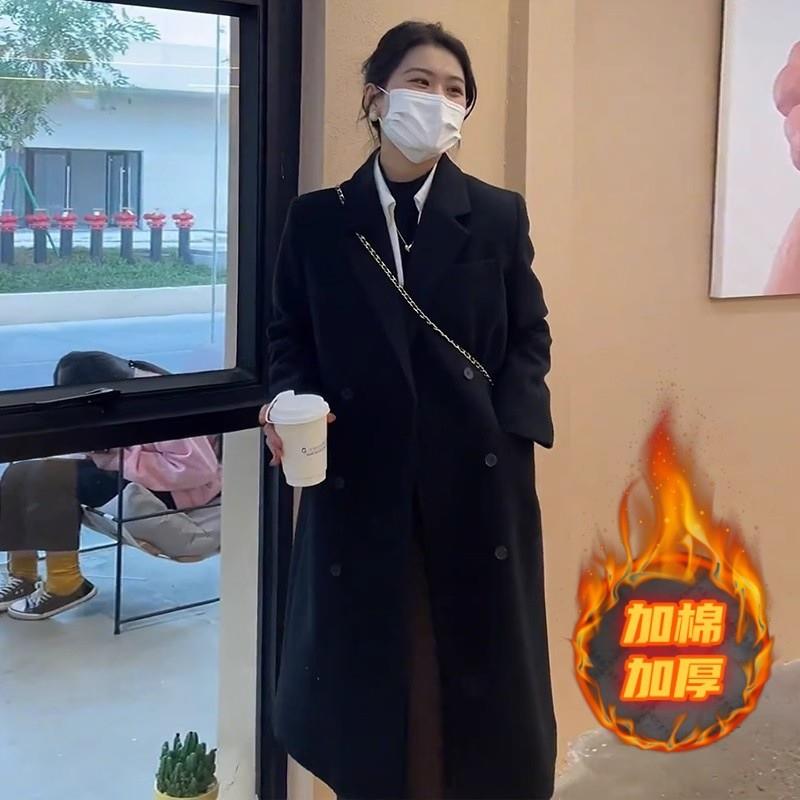 黑色毛呢外套女中长款冬季2025韩版赫本风小个子加棉加厚呢子大衣