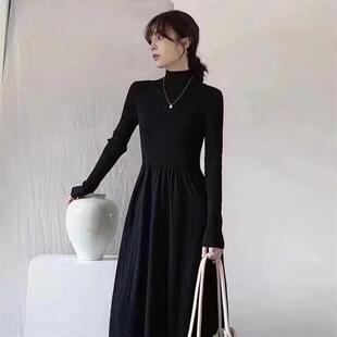 2025早秋新款 内搭打底毛衣长裙 高级感赫本风黑色连衣裙子女秋冬季