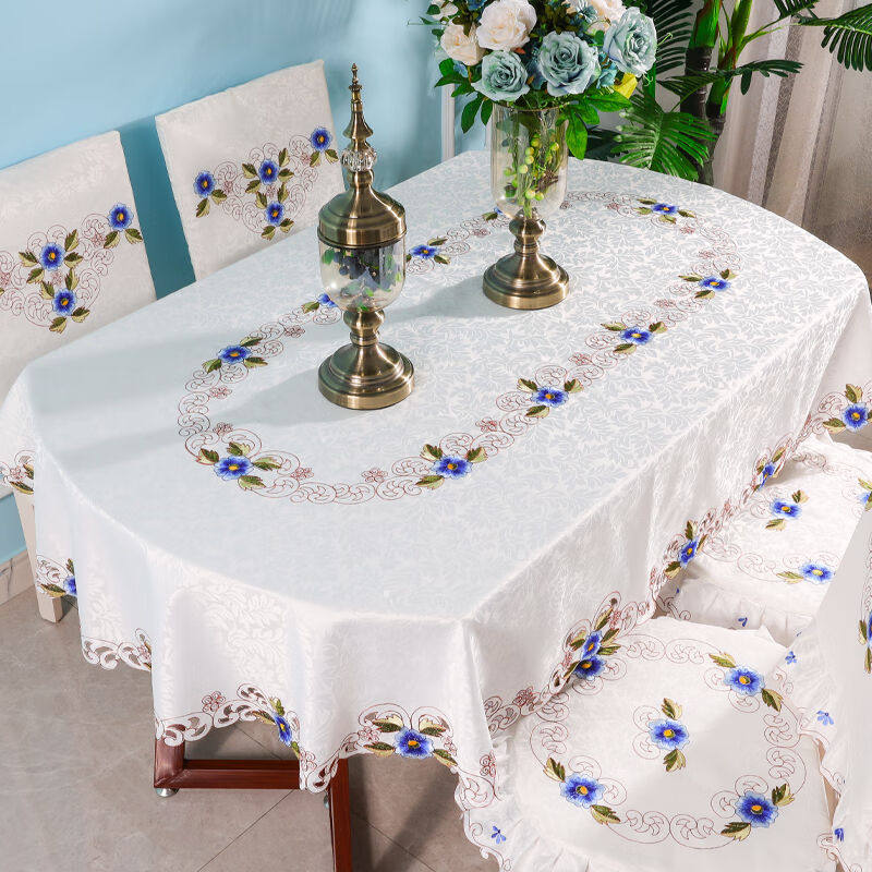 长椭圆餐桌桌布茶几布布艺北欧风格椅套椅垫套装椭圆形桌布绣花18