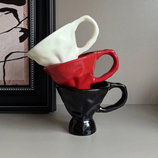 LIVETAI高脚法式 陶瓷杯ins轻奢风家用创意手捏高颜值马克杯咖啡杯