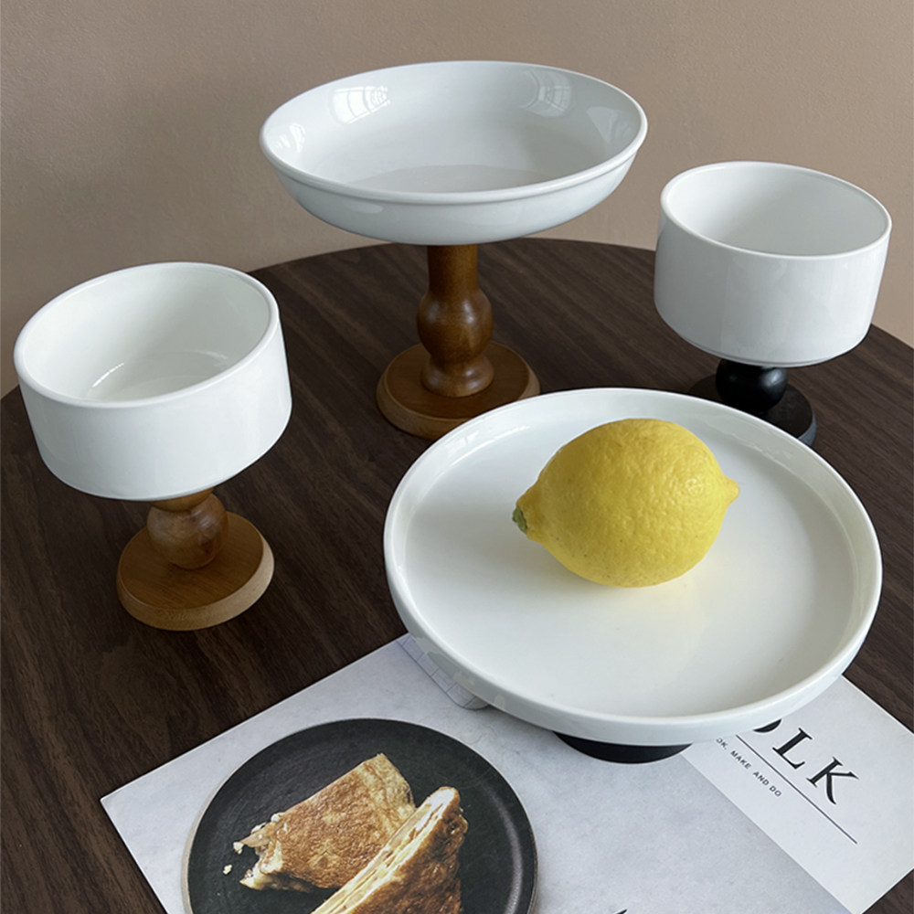 高端陶瓷实木高脚果盘装饰品摆件