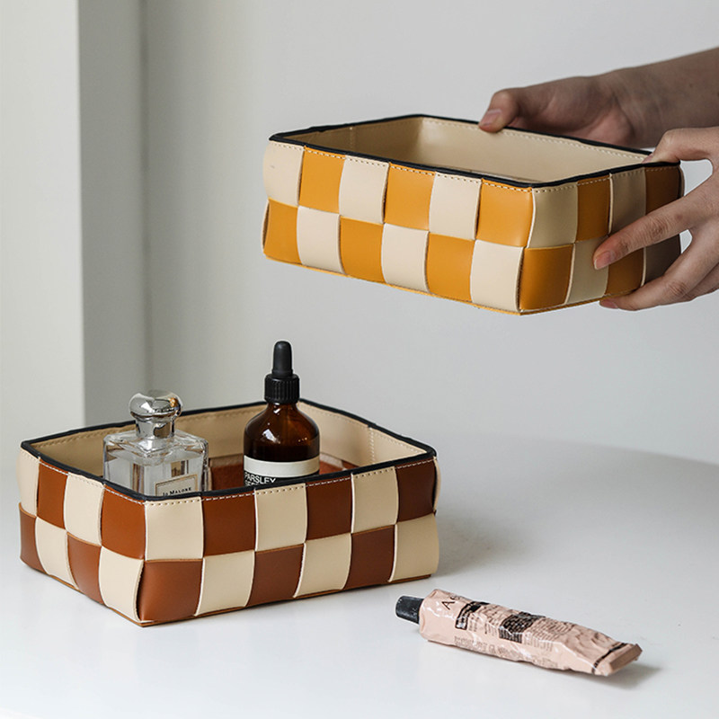 高级皮革编织收纳筐摆件