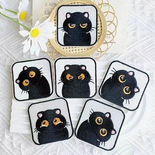 黑猫衣服装饰贴布贴花刺绣卡通衣贴3M胶自粘贴黑色猫咪方形