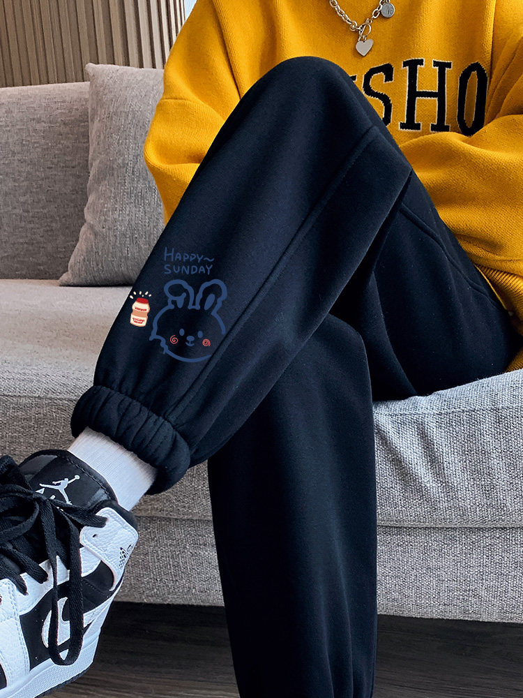 黑色运动裤女秋冬新款宽松束脚加绒卫裤女ins潮冬季百搭休闲裤子