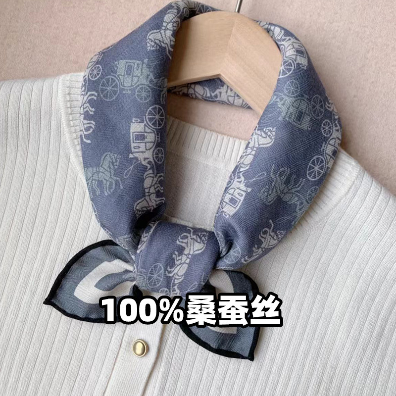 牛仔小飞马蓝色丝巾真丝系脖小马车围巾春秋薄款围脖桑蚕丝小方巾