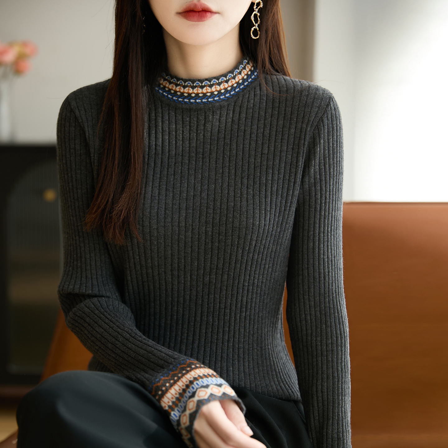 民族风复古提花圆领毛衣女秋冬