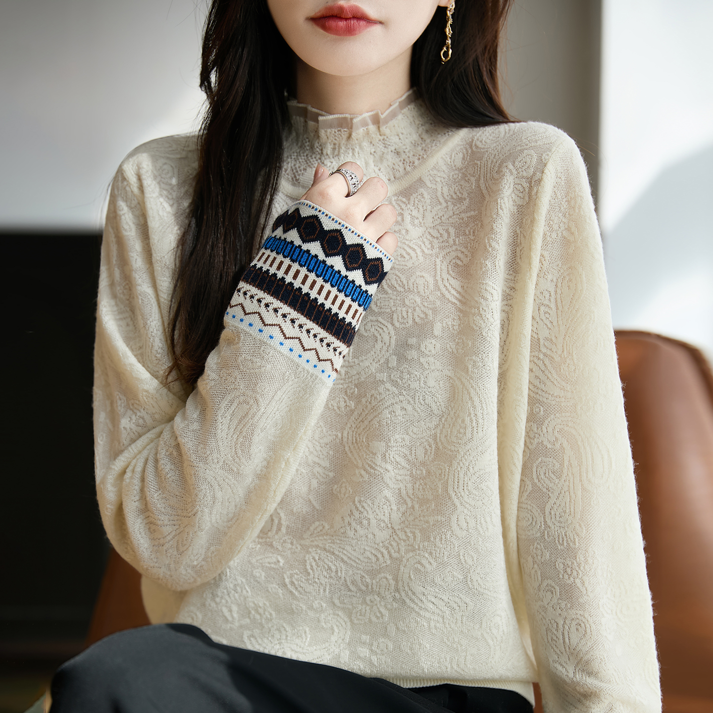 新中式国风蕾丝边半高领毛衣女秋冬新款内搭小香风提花针织打底衫