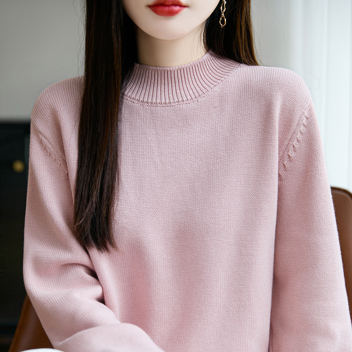 100%纯棉线半高领毛衣女